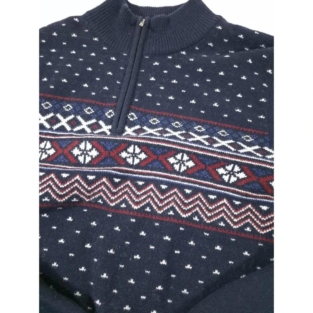 Brooks Brothers Sweater Mens L Blue Merino Wool 1/4 Zip Mock Neck Fair Isle